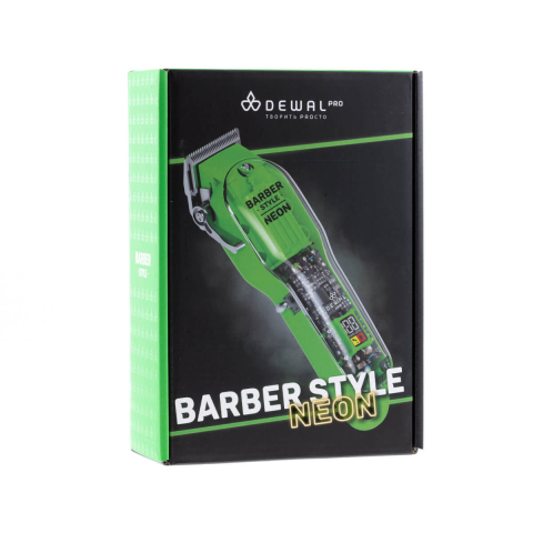 03-081 Green DEWAL Машинка для стрижки Barber Style Neon с прозрачным корпусом, 45/0,8-2 мм + 6 насадок 1,5-13 мм